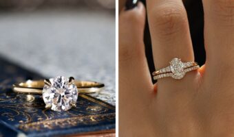 Split image: left gold solitaire engagement ring on a blue patterned book; right diamond halo ring with two bands on a finger.