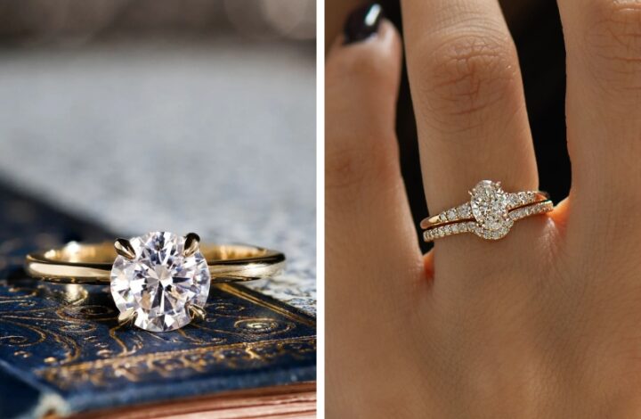Split image: left gold solitaire engagement ring on a blue patterned book; right diamond halo ring with two bands on a finger.