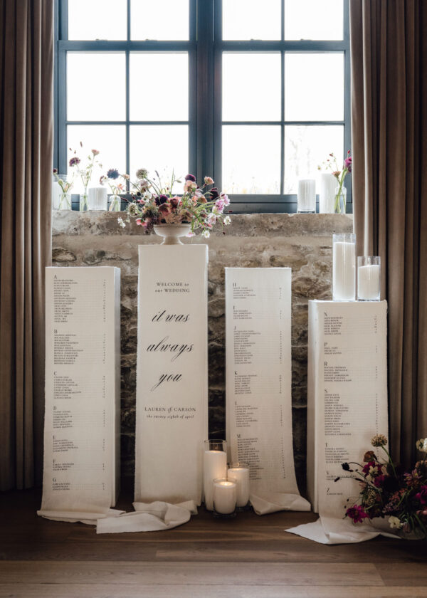 Wedding seating chart displayed on tall white panels with a floral centerpiece and candles in front of a stone wall under a window.