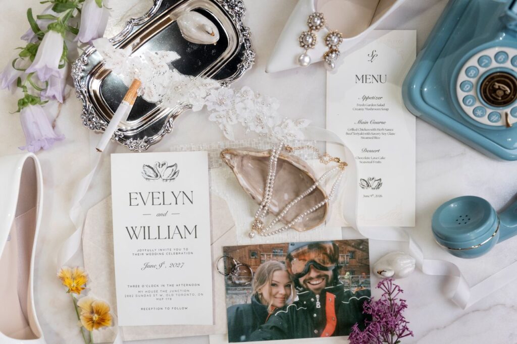wedding flatay image of table with  vintage phone wedding program and nostalgic maximalism editorial