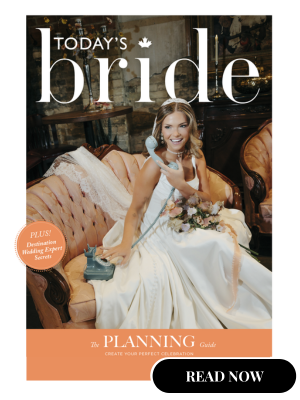 Today's Bride magazine cover showing a smiling bride in a white wedding gown sitting on a vintage sofa, bouquet in hand, with a peach Planning Guide banner and a prominent READ NOW button.