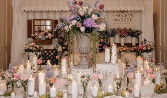 Elegant wedding reception table with a tall floral centerpiece in a gray urn, surrounded by candles and pastel flowers in soft light.