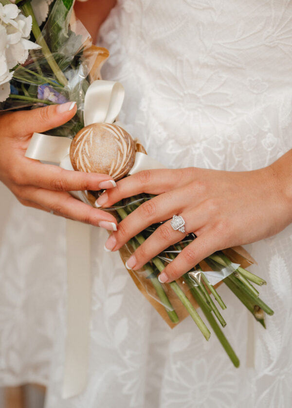 Bride's hands holding a bouquet wrapped in clear cellophane with a white satin ribbon; lace wedding dress in the background.