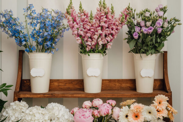 Three white metal buckets holding pastelpastel-flowered arrangements: blue delphiniums, pink snapdragons, and purple lisianthus on a wooden shelf against a pale striped wall.