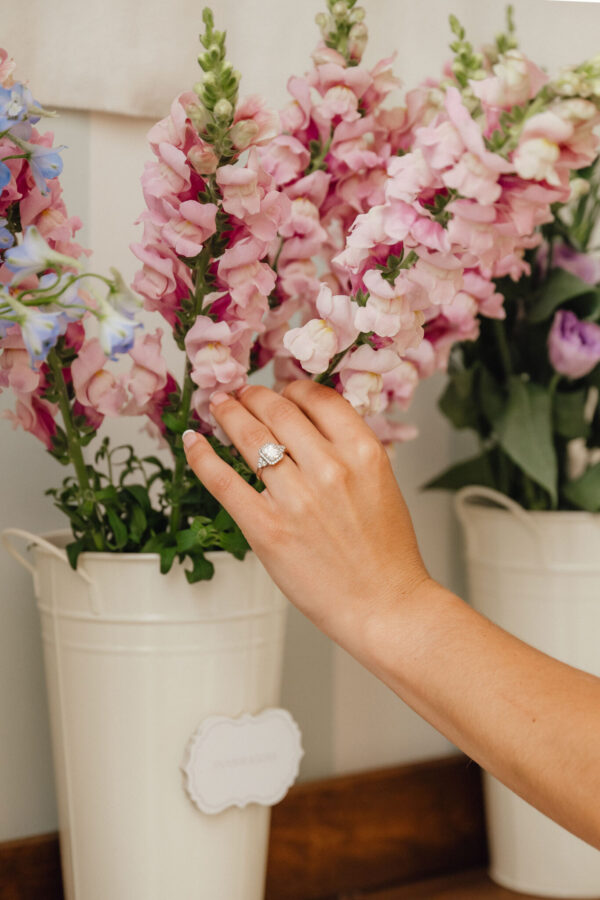 Hand with a diamond-ring rests on pink snapdragons in a white vase.
