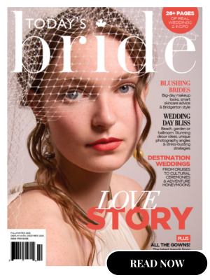 Today's Bride magazine cover: close-up of a bride with a veil and red lips; prominent headlines 'Love Story' and 'Blushing Brides' with a 'READ NOW' button.