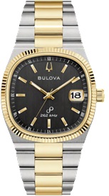 Bulova two-tone wristwatch with a gold bezel and silver-gold bracelet, black dial, date window at 3 o'clock