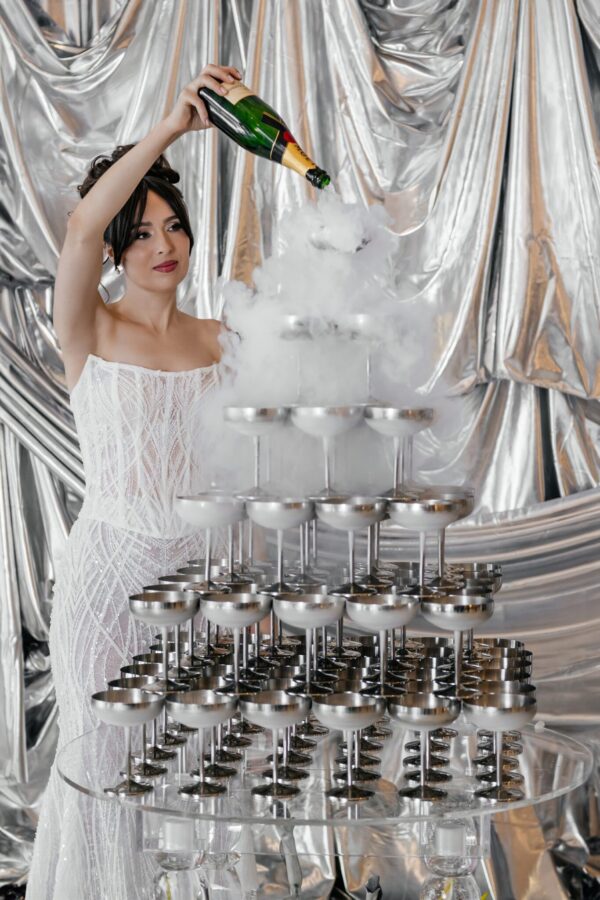 silver champagne tower editorial wedding