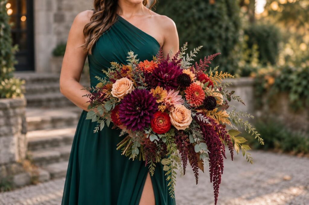 bridesmaid wearing dark green dress with fall wedding flowers