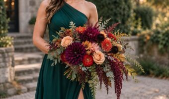 bridesmaid wearing dark green dress with fall wedding flowers
