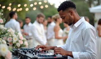 wedding Dj spinning tunes at outdoor wedding vendors