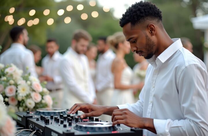 wedding Dj spinning tunes at outdoor wedding vendors