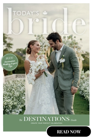 Today's Bride magazine cover showing an elegant garden setting for a wedding, showcasing a bride in a lace gown, surrounded by blooming flowers and greenery.
